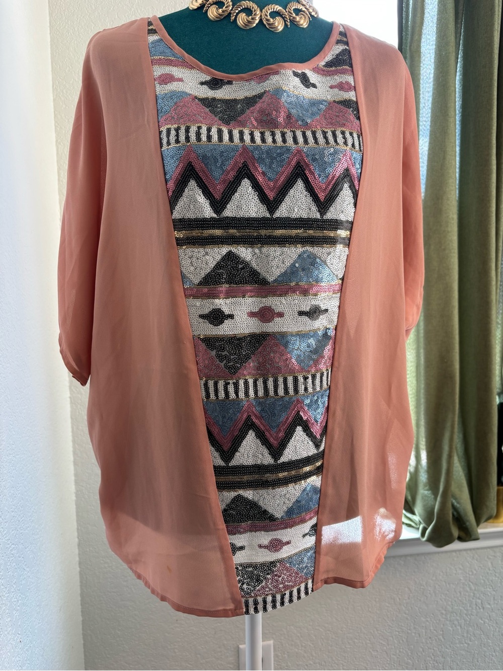 Umgee Sequin Top M boxy  Open Back W/tie Oversized lagenlook  Tunic Blouse